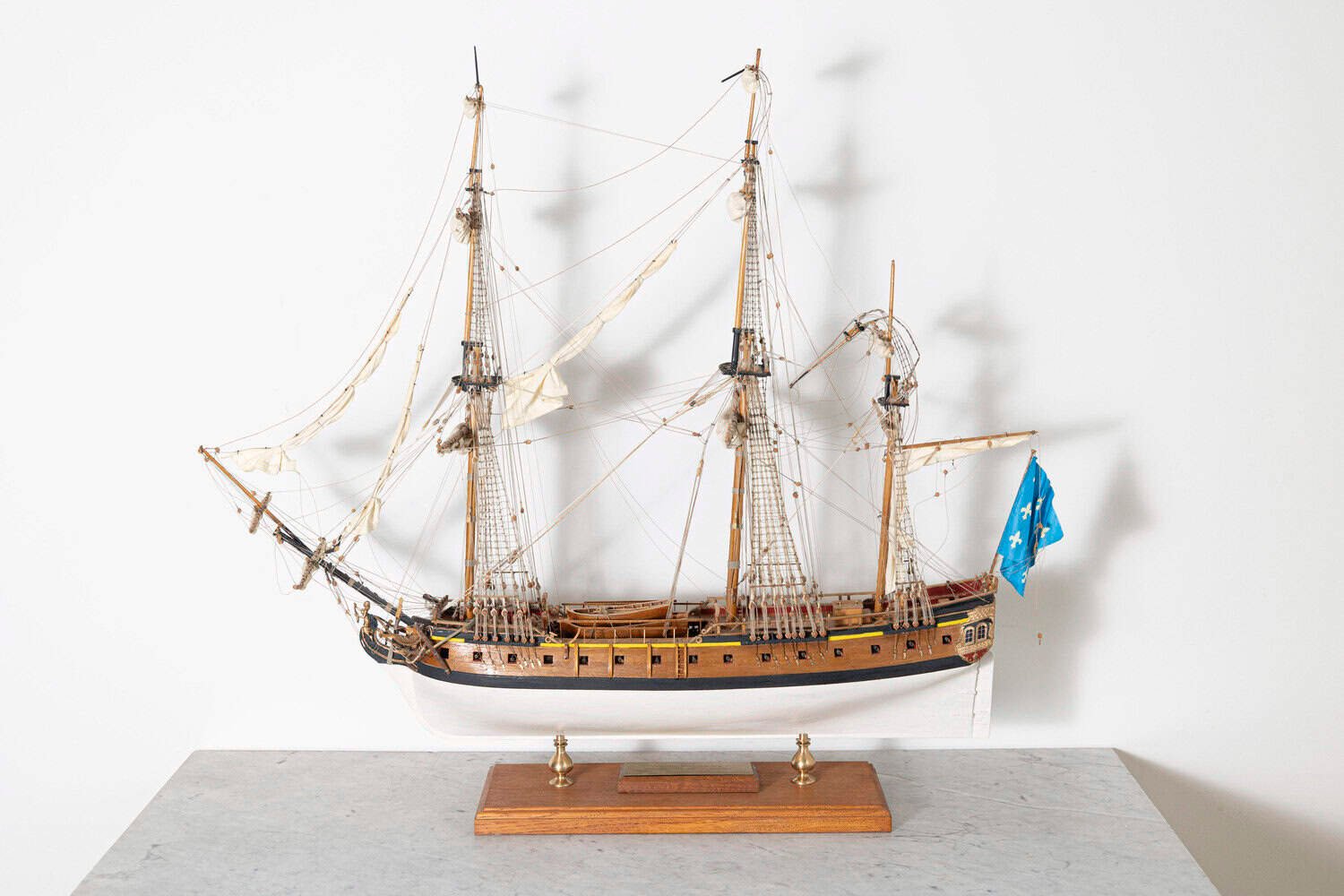 French 20th Century Hand-Crafted Three-Masted Sailing Ship Model with Full Rigging and Tricolor Flag on Wooden Base - JAA