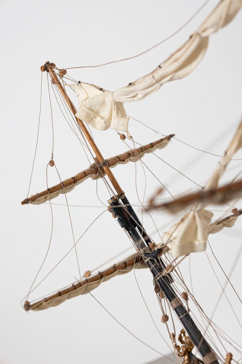 French 20th Century Hand-Crafted Three-Masted Sailing Ship Model with Full Rigging and Tricolor Flag on Wooden Base - JAA