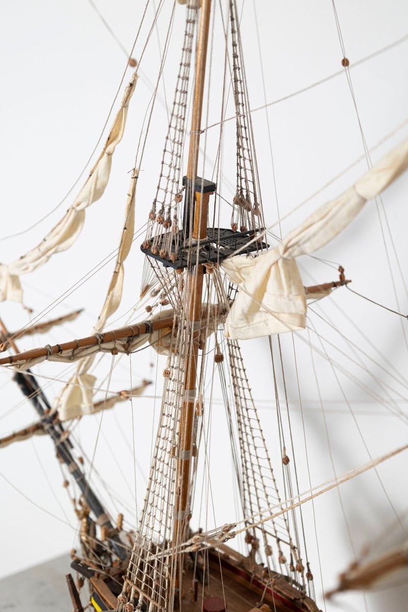 French 20th Century Hand-Crafted Three-Masted Sailing Ship Model with Full Rigging and Tricolor Flag on Wooden Base - JAA