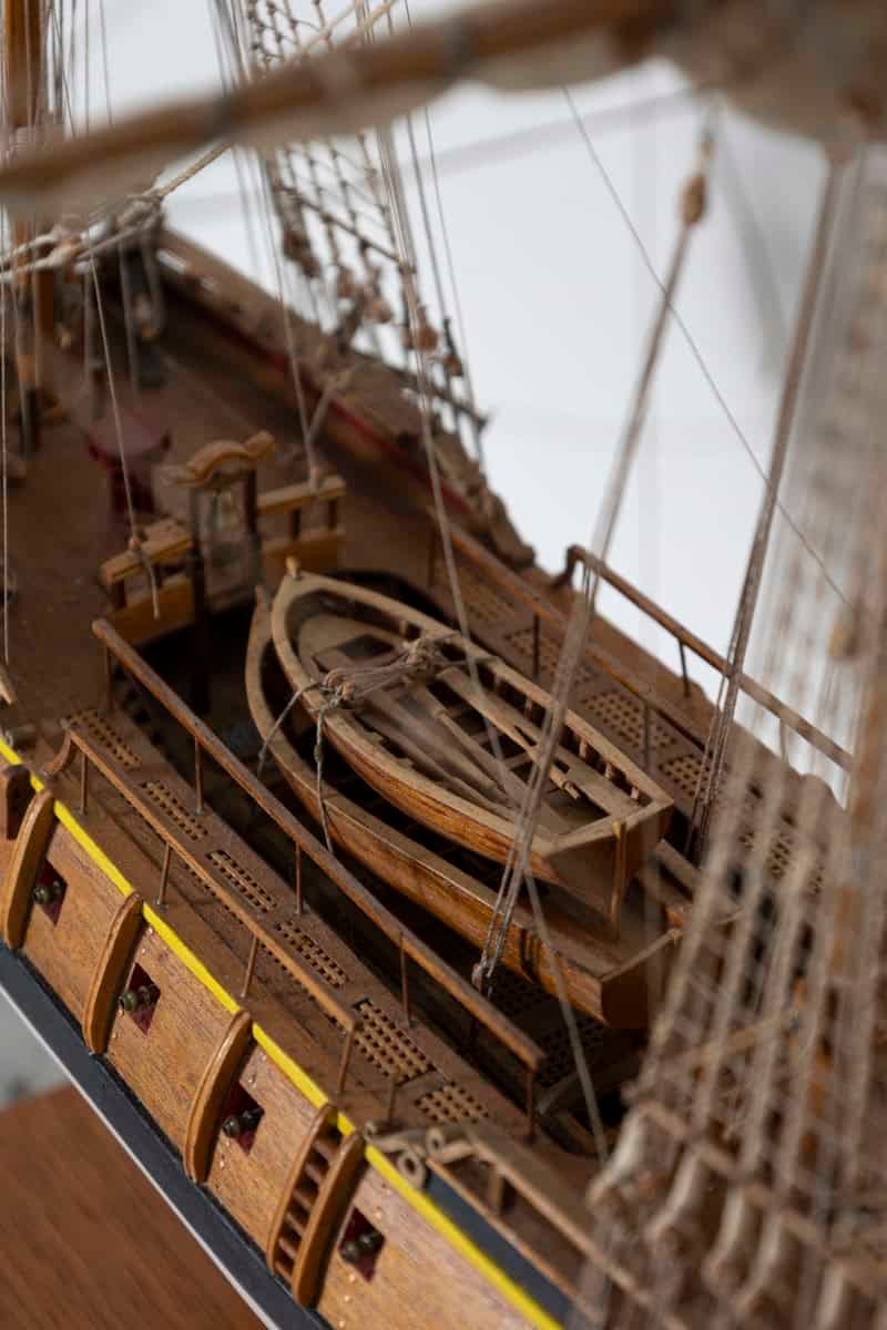 French 20th Century Hand-Crafted Three-Masted Sailing Ship Model with Full Rigging and Tricolor Flag on Wooden Base - JAA