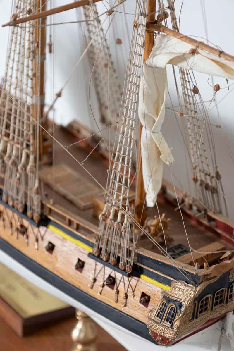 French 20th Century Hand-Crafted Three-Masted Sailing Ship Model with Full Rigging and Tricolor Flag on Wooden Base - JAA