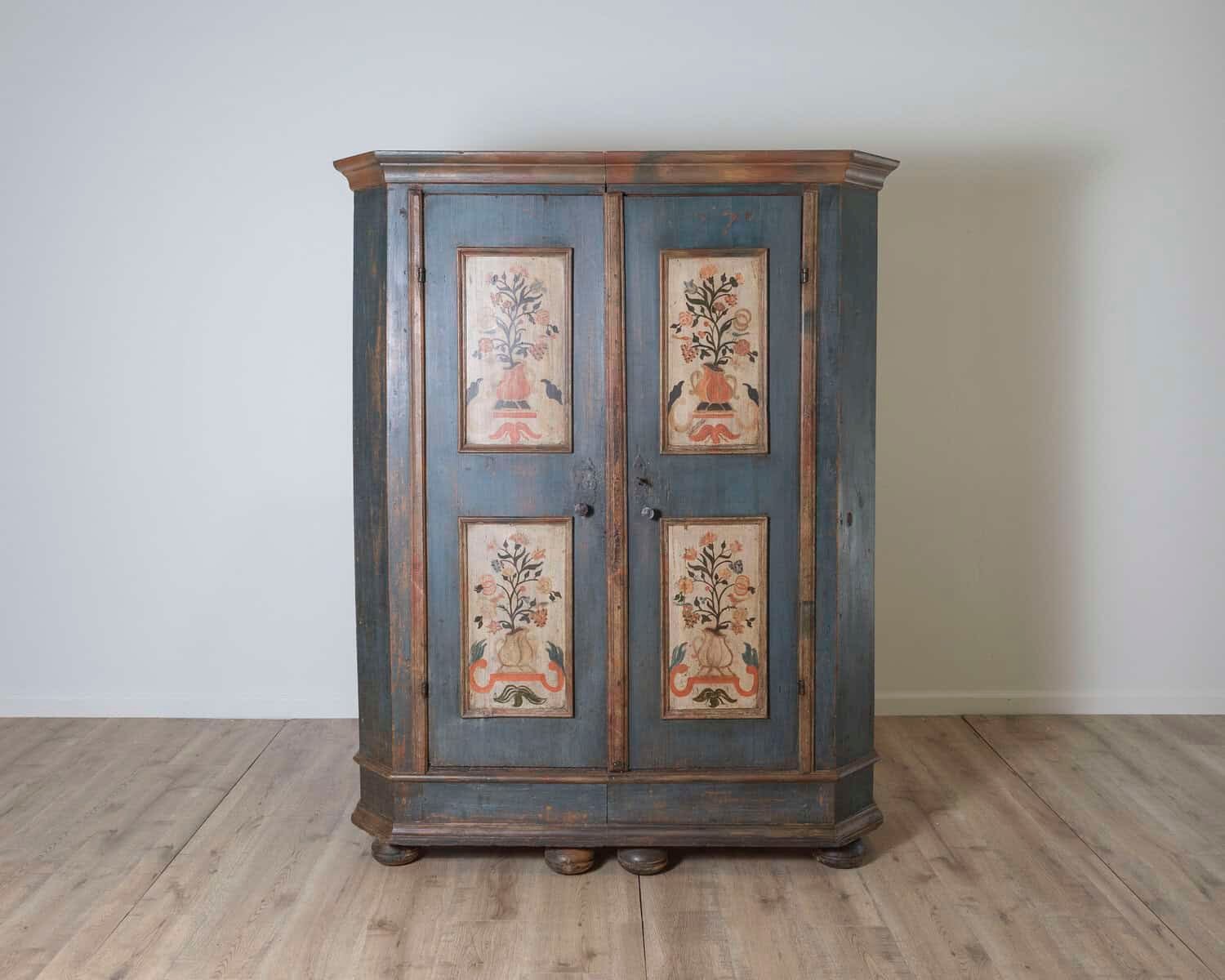 Alpine 19th Century Blue Painted Wardrobe with Hand-Painted Floral Cartouches and Original Hardware - JAA