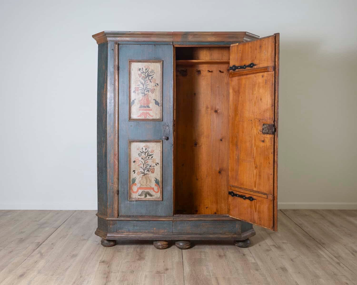 Alpine 19th Century Blue Painted Wardrobe with Hand-Painted Floral Cartouches and Original Hardware - JAA