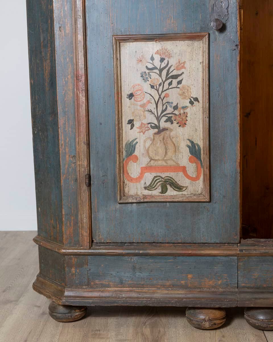 Alpine 19th Century Blue Painted Wardrobe with Hand-Painted Floral Cartouches and Original Hardware - JAA