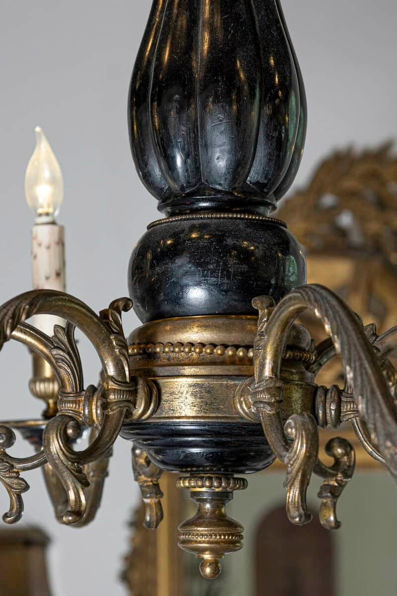 French 1860s Napoleon III Ebonized Wood and Bronze Six-Light Chandelier - JAA