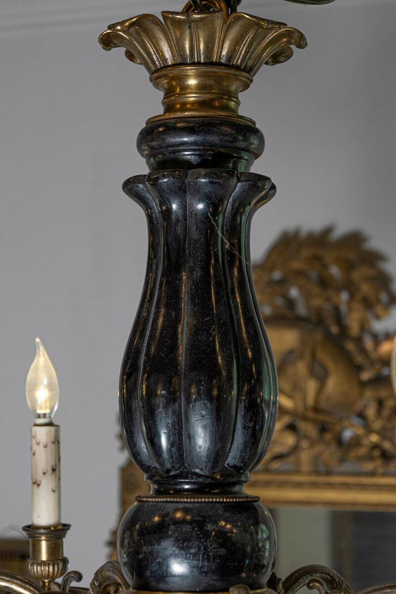 French 1860s Napoleon III Ebonized Wood and Bronze Six-Light Chandelier - JAA