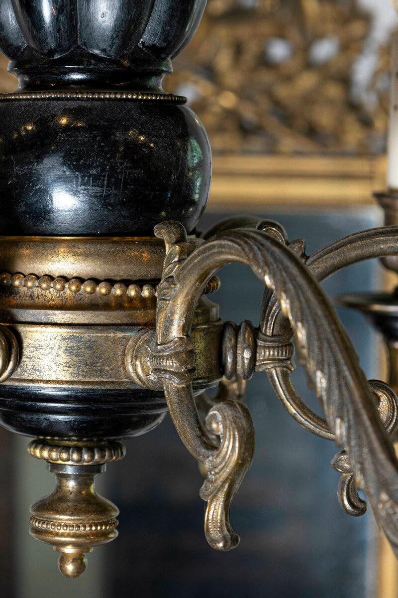 French 1860s Napoleon III Ebonized Wood and Bronze Six-Light Chandelier - JAA