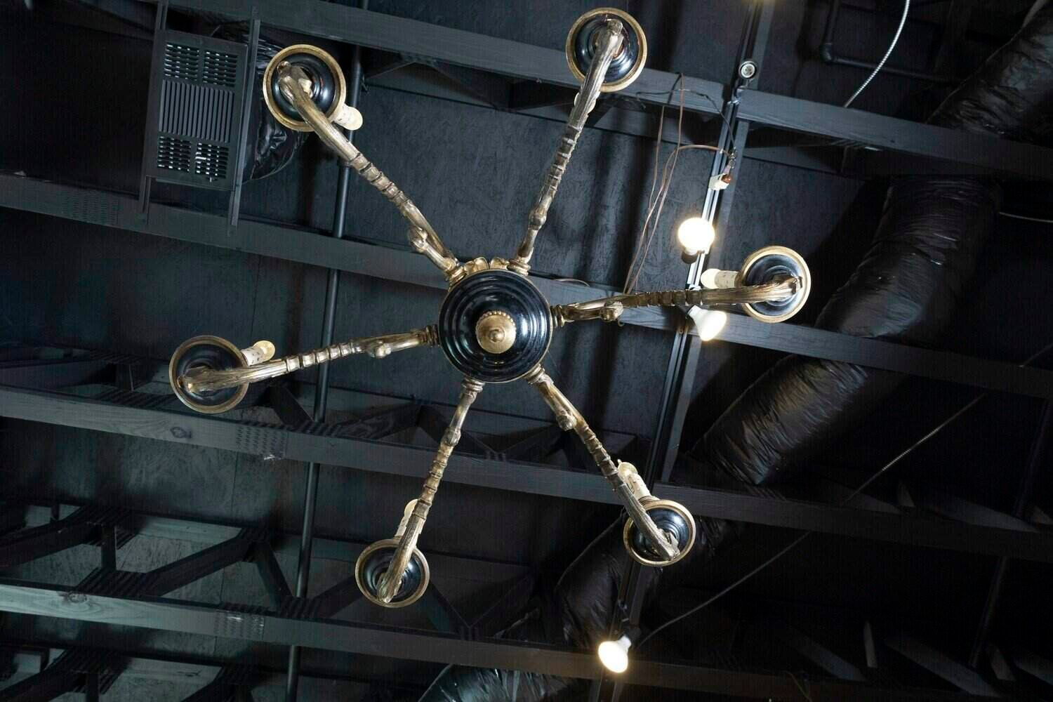 French 1860s Napoleon III Ebonized Wood and Bronze Six-Light Chandelier - JAA