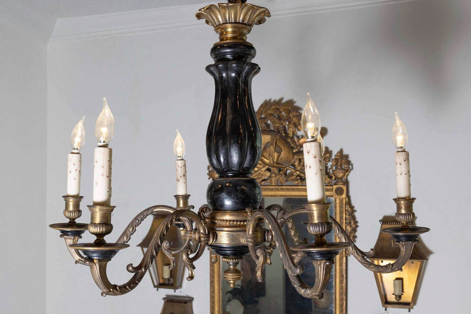 French 1860s Napoleon III Ebonized Wood and Bronze Six-Light Chandelier - JAA