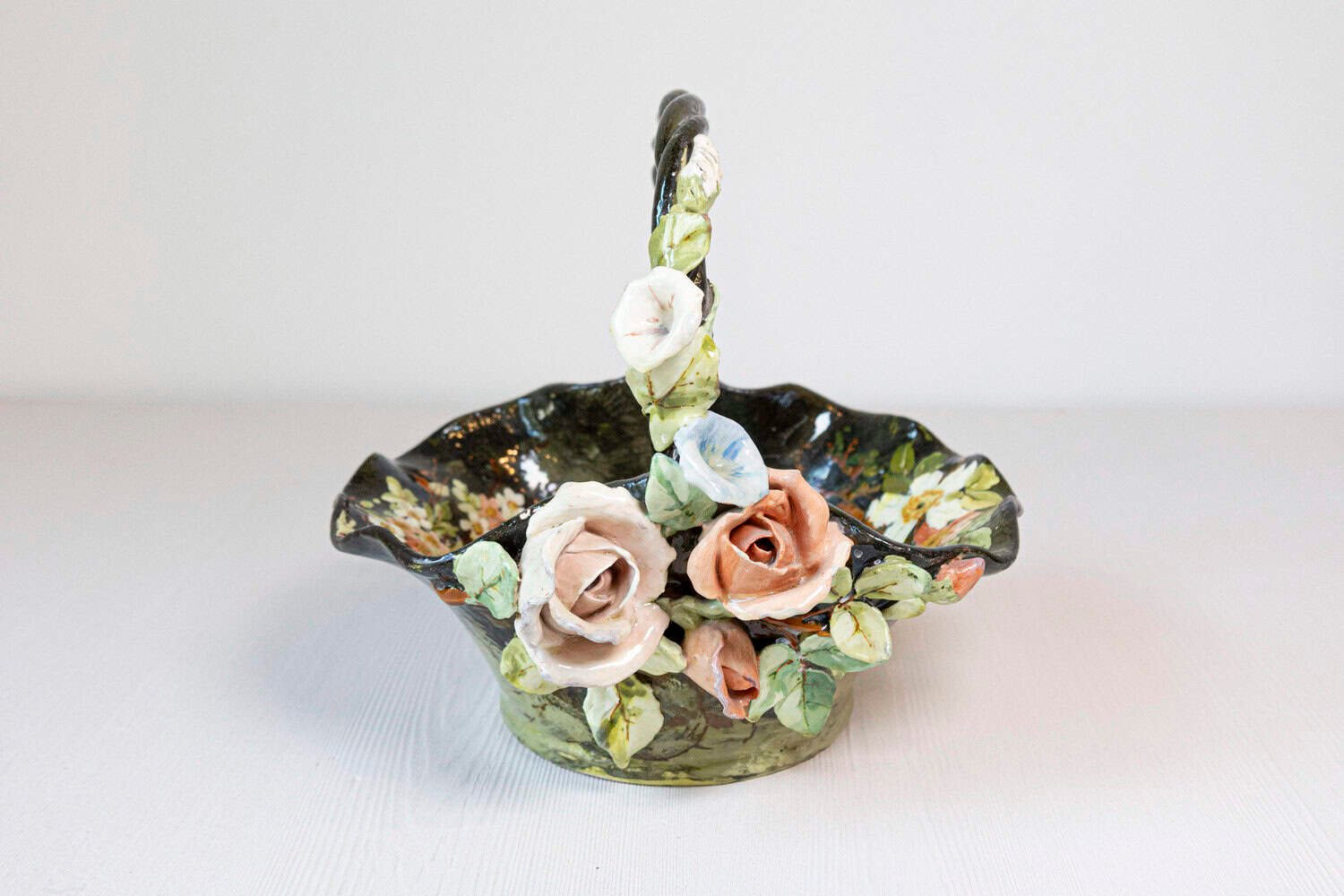 French 19th Century Barbotine Jardinière Basket with High Relief Pastel Flowers - JAA