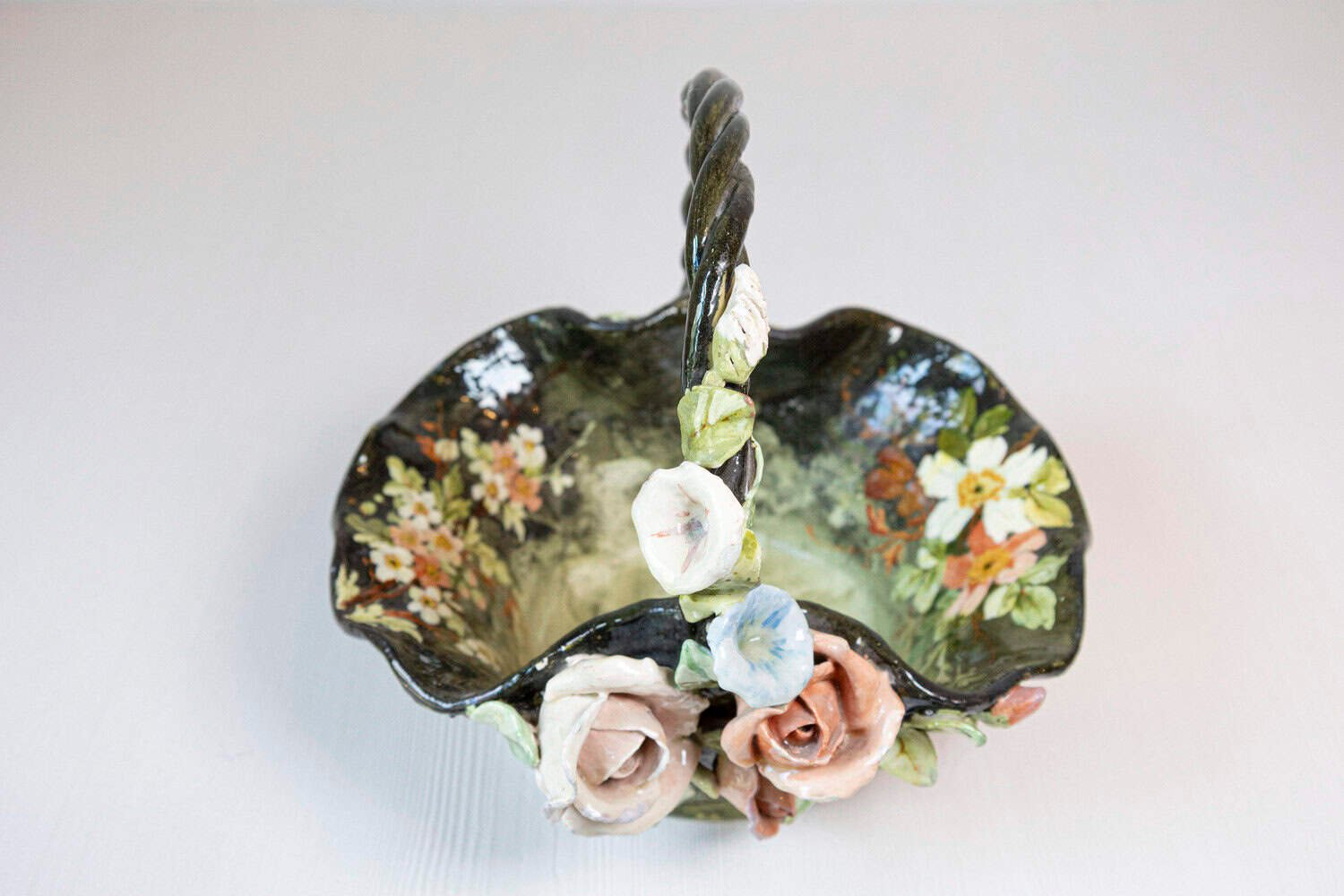 French 19th Century Barbotine Jardinière Basket with High Relief Pastel Flowers - JAA