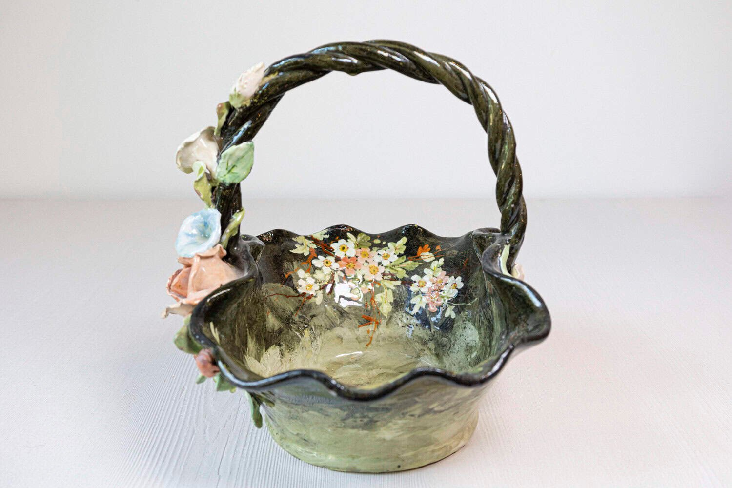 French 19th Century Barbotine Jardinière Basket with High Relief Pastel Flowers - JAA