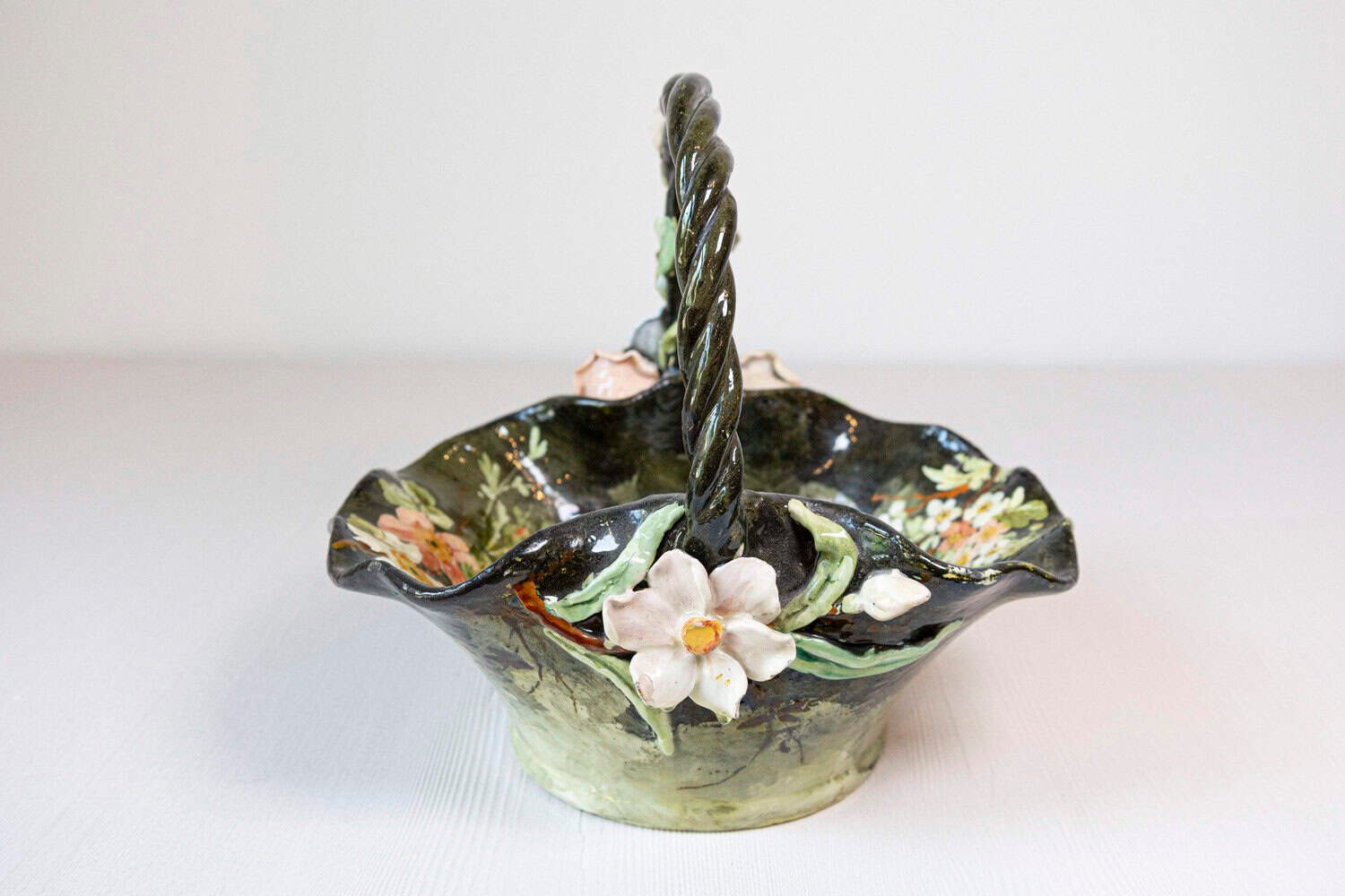 French 19th Century Barbotine Jardinière Basket with High Relief Pastel Flowers - JAA