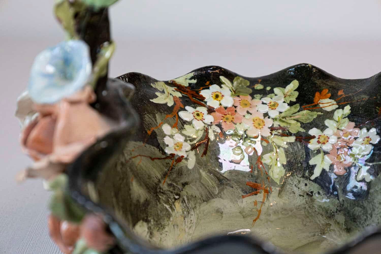 French 19th Century Barbotine Jardinière Basket with High Relief Pastel Flowers - JAA