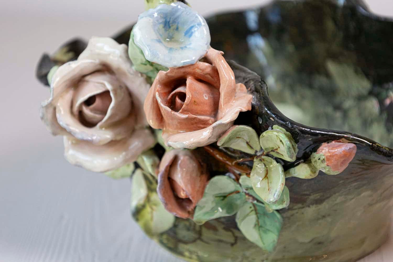 French 19th Century Barbotine Jardinière Basket with High Relief Pastel Flowers - JAA