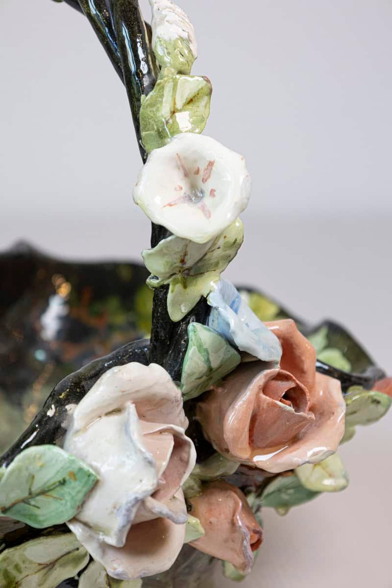 French 19th Century Barbotine Jardinière Basket with High Relief Pastel Flowers - JAA
