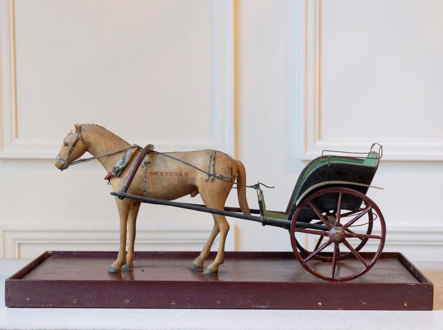 French Early 20th Century Hand-Carved Wooden Horse and Carriage Model with Green Felt-Covered Carriage - JAA