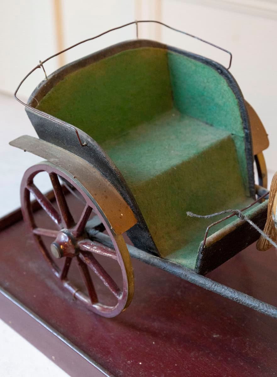 French Early 20th Century Hand-Carved Wooden Horse and Carriage Model with Green Felt-Covered Carriage - JAA