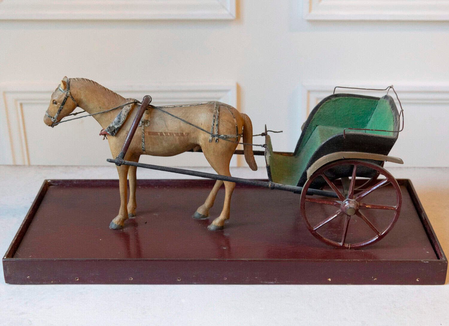 French Early 20th Century Hand-Carved Wooden Horse and Carriage Model with Green Felt-Covered Carriage - JAA
