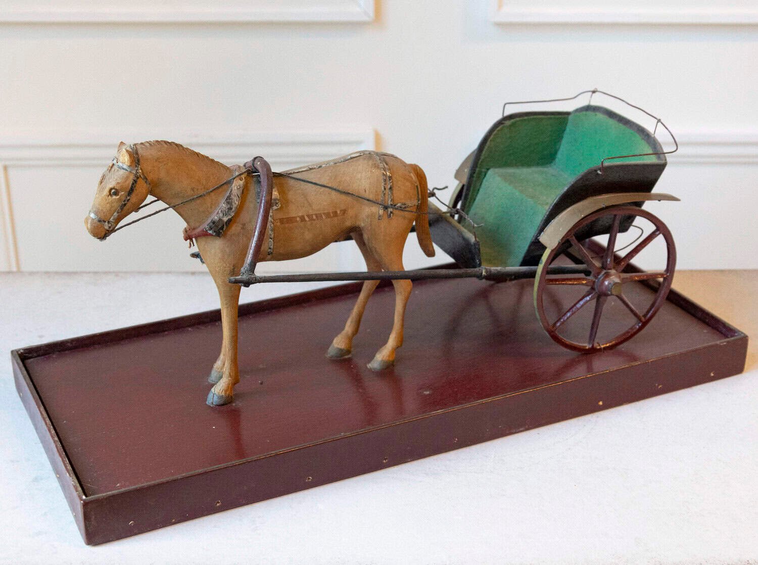 French Early 20th Century Hand-Carved Wooden Horse and Carriage Model with Green Felt-Covered Carriage - JAA