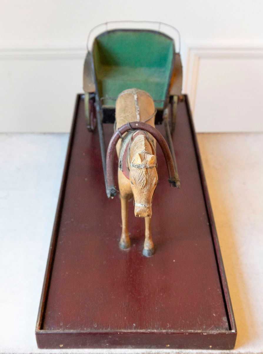 French Early 20th Century Hand-Carved Wooden Horse and Carriage Model with Green Felt-Covered Carriage - JAA