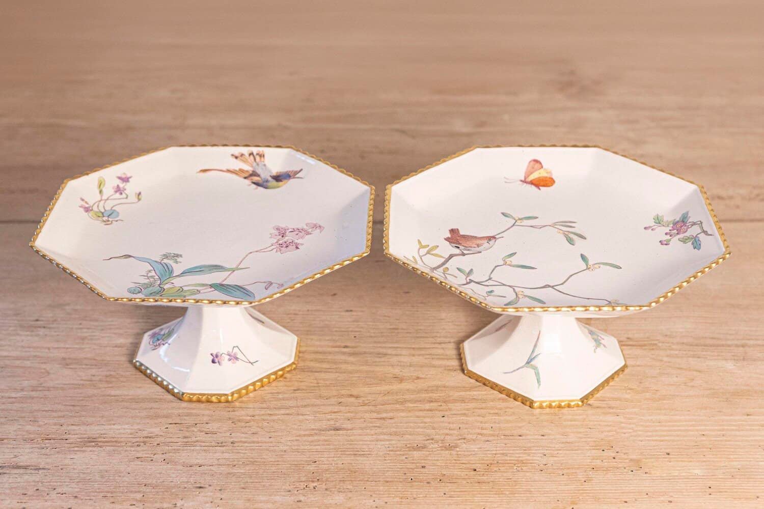Pair of French 19th Century Porcelain Compotes with Painted Birds and Flowers - JAA