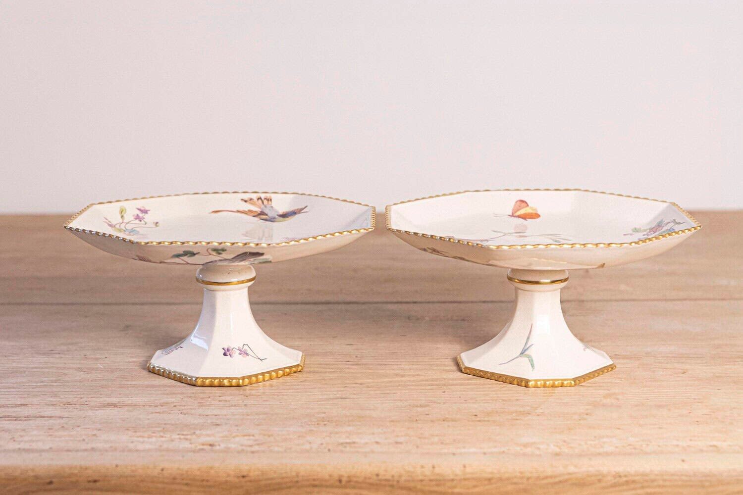 Pair of French 19th Century Porcelain Compotes with Painted Birds and Flowers - JAA