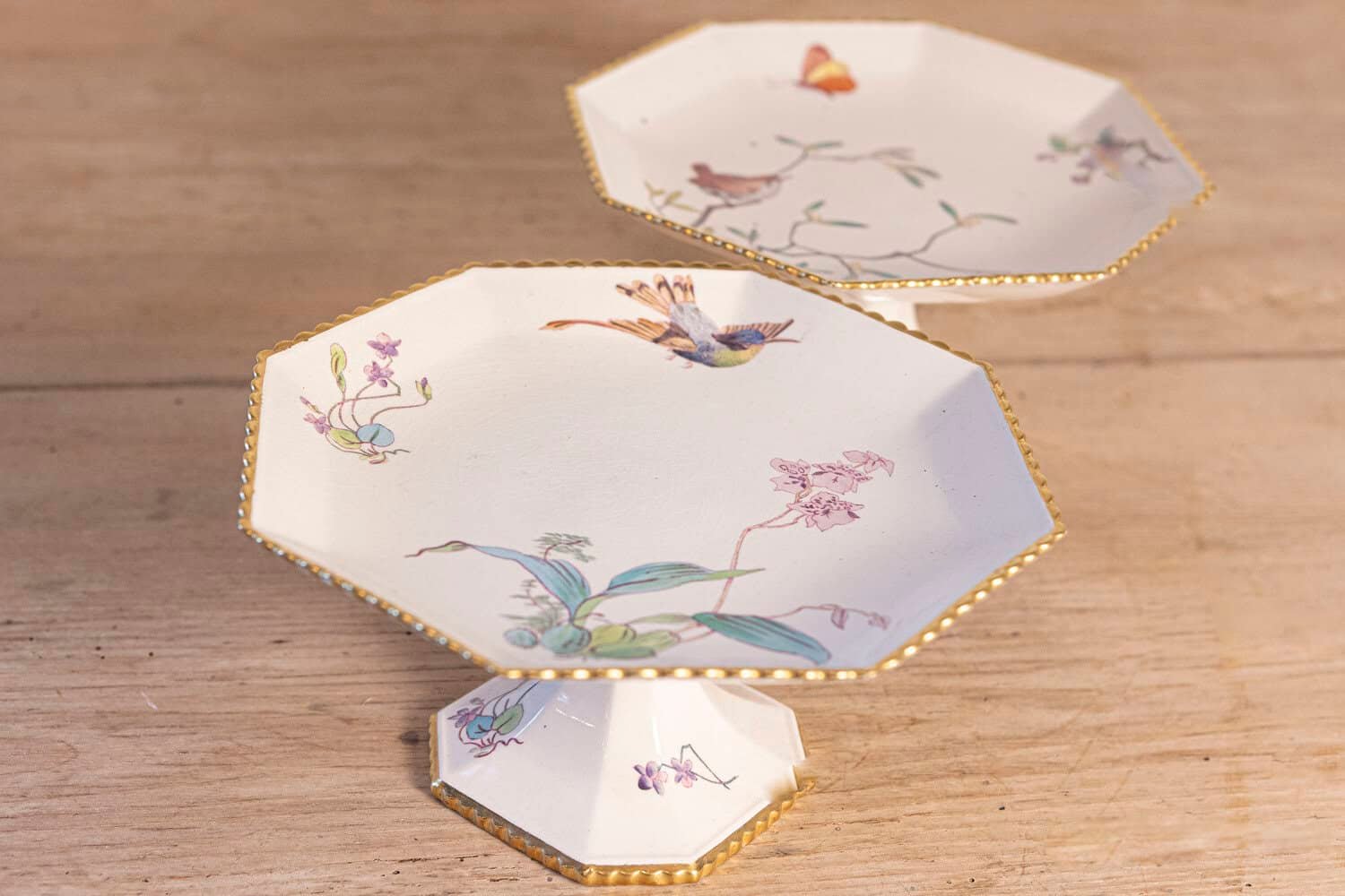 Pair of French 19th Century Porcelain Compotes with Painted Birds and Flowers - JAA