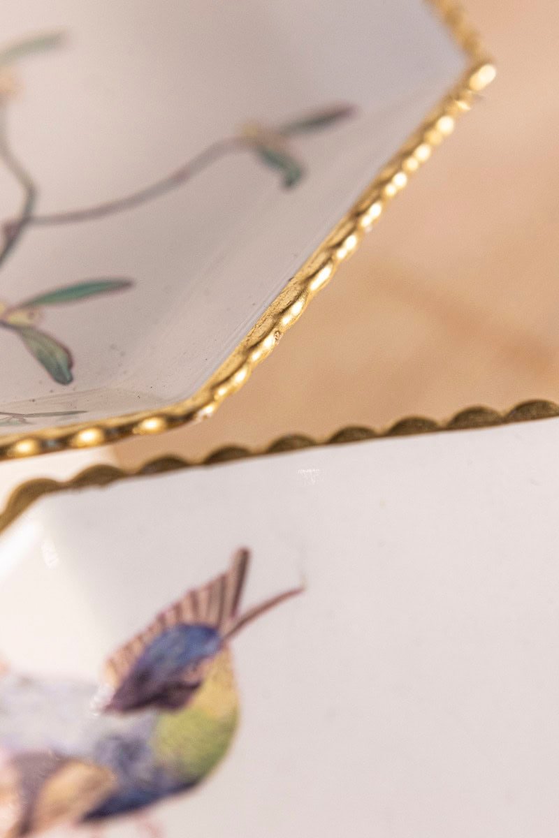 Pair of French 19th Century Porcelain Compotes with Painted Birds and Flowers - JAA