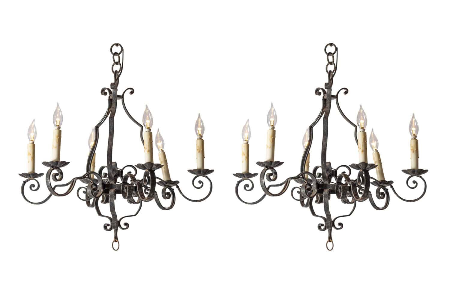 Pair of 20th Century French Wrought Iron Chandeliers