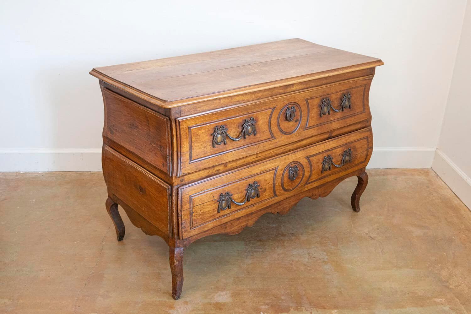 1730s French Period Louis XV Walnut Two-Drawer Commode with Bombé Side Panels - JAA