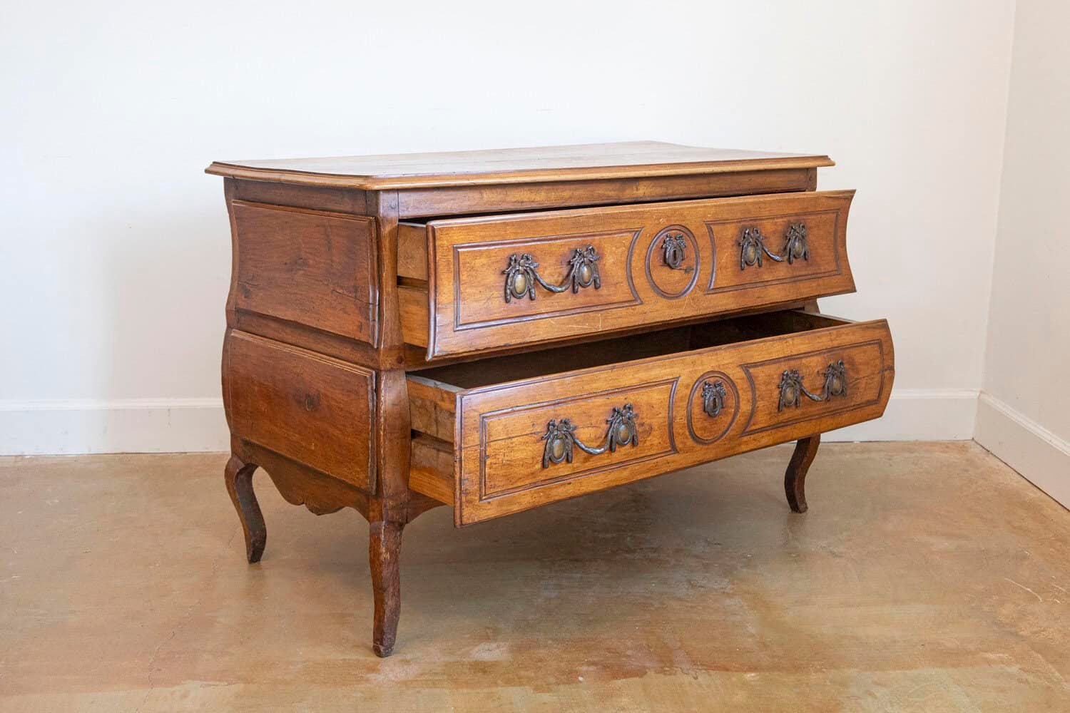 1730s French Period Louis XV Walnut Two-Drawer Commode with Bombé Side Panels - JAA