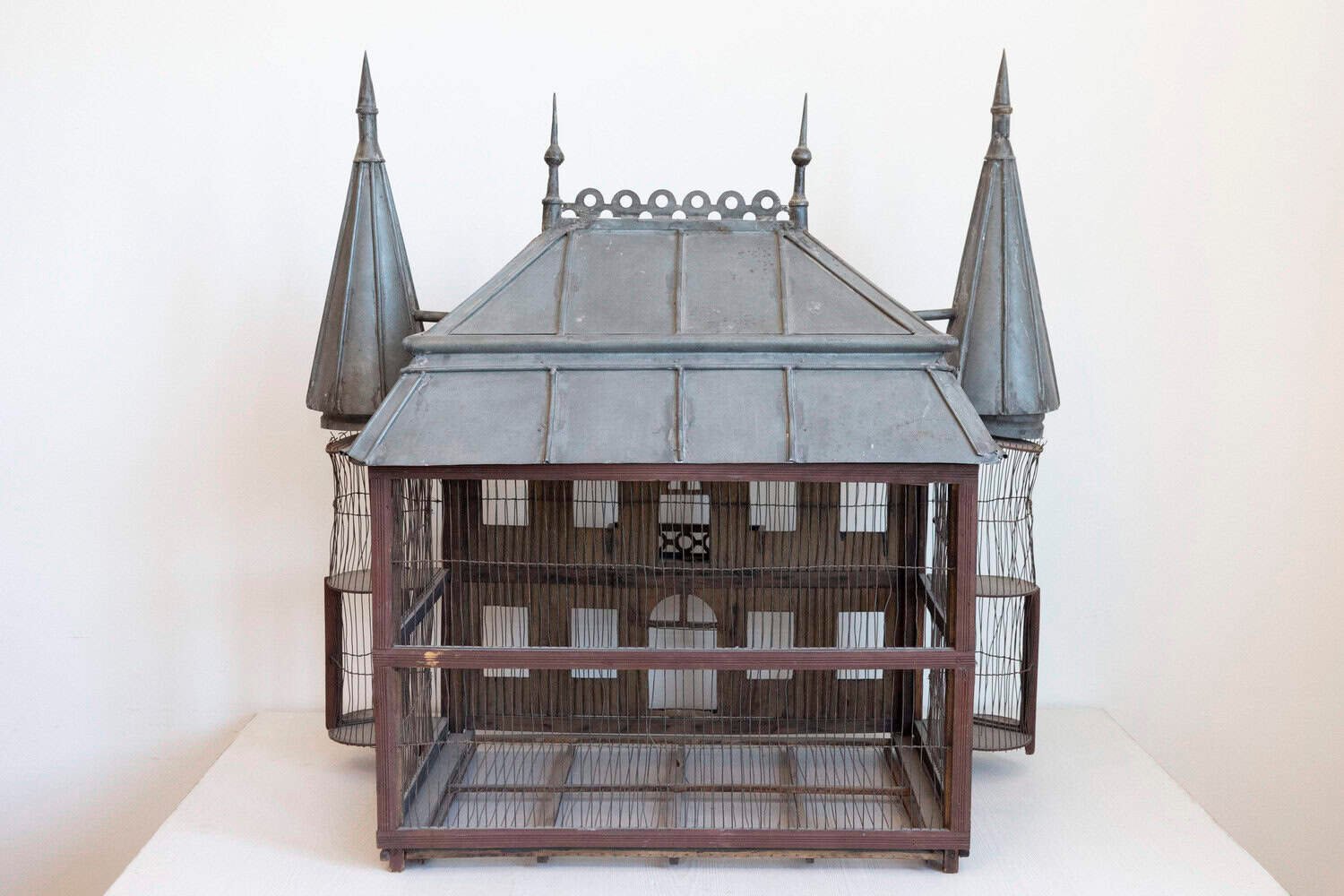 French 19th Century Medieval Château Pewter and Wood Birdcage with Turrets - JAA