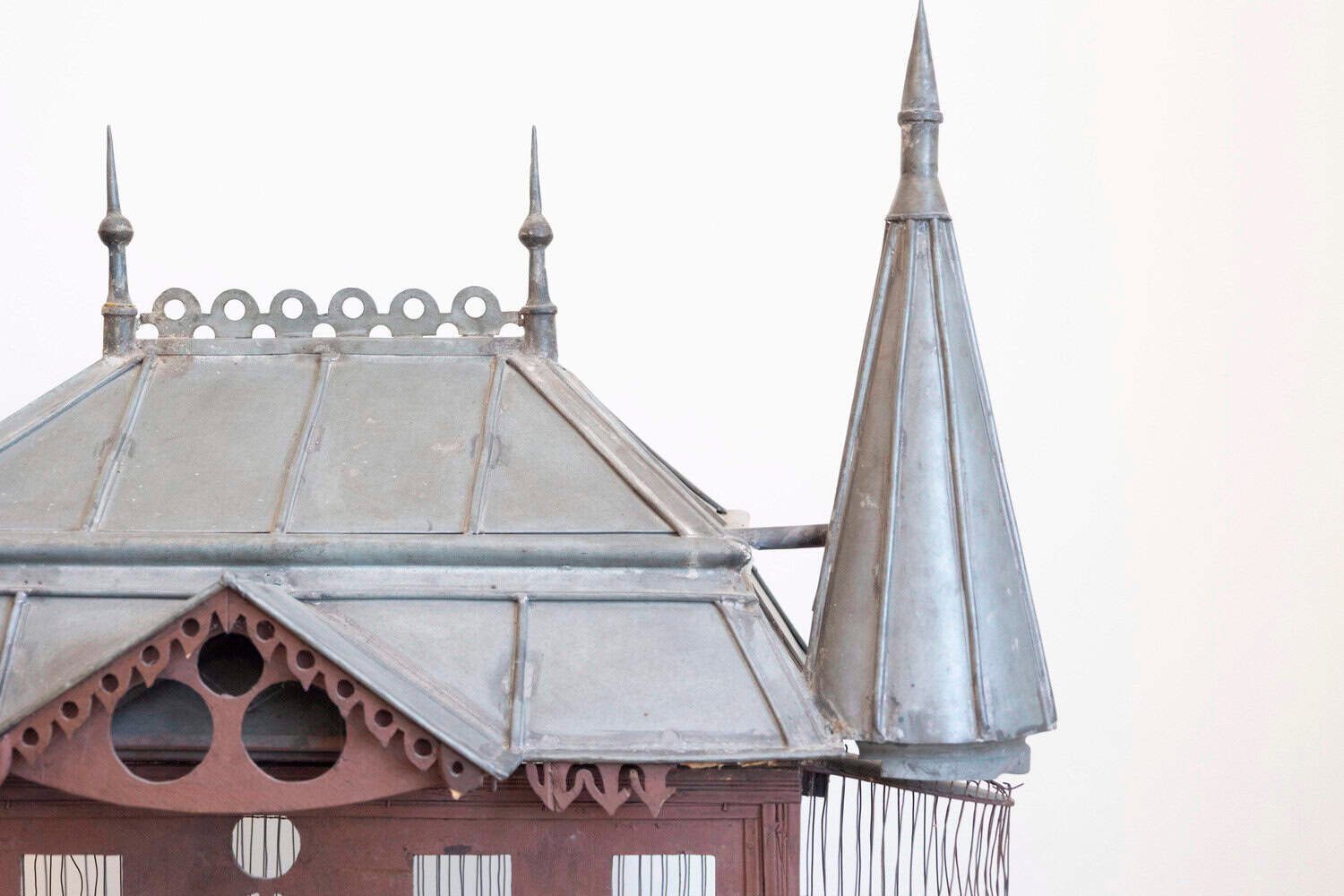 French 19th Century Medieval Château Pewter and Wood Birdcage with Turrets - JAA