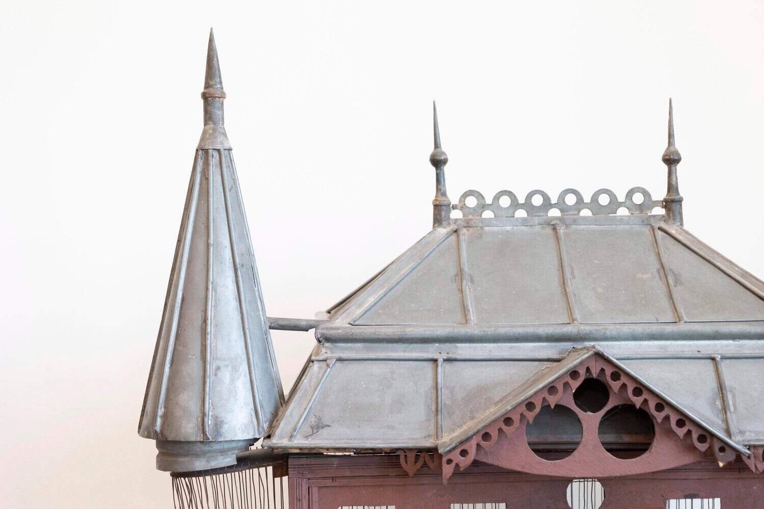 French 19th Century Medieval Château Pewter and Wood Birdcage with Turrets - JAA