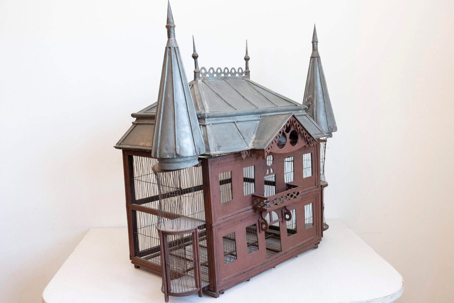 French 19th Century Medieval Château Pewter and Wood Birdcage with Turrets - JAA
