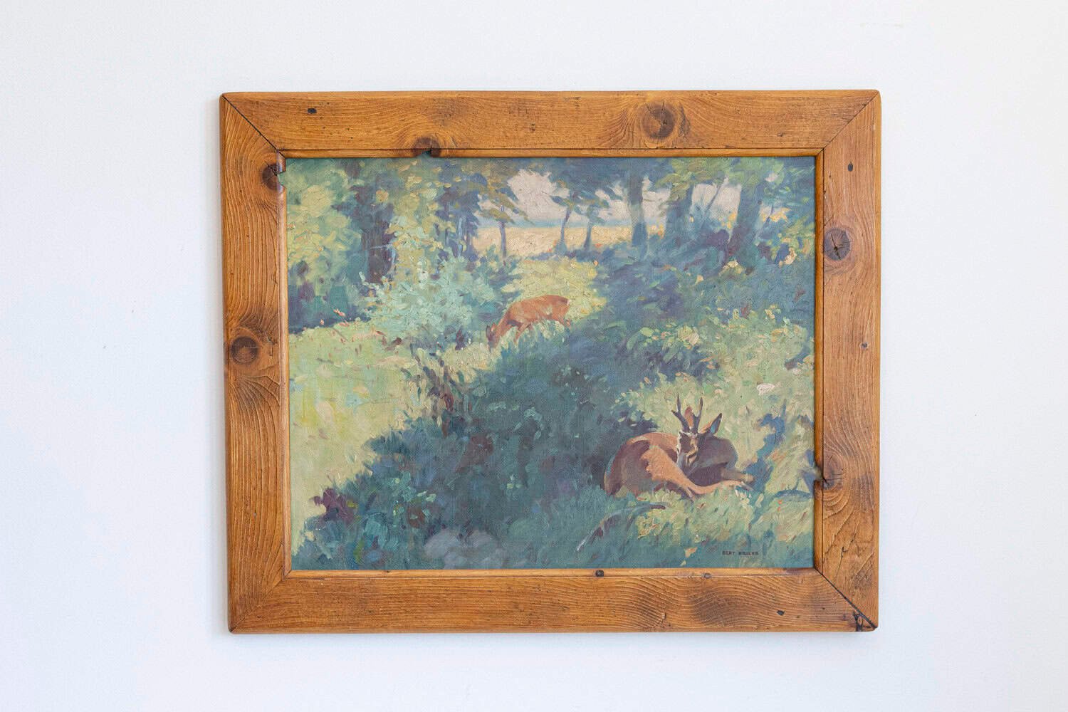 Deer in the Woods, Bert Fricke Wolfenbuttel Oil on Panel Painting circa 1920 - JAA