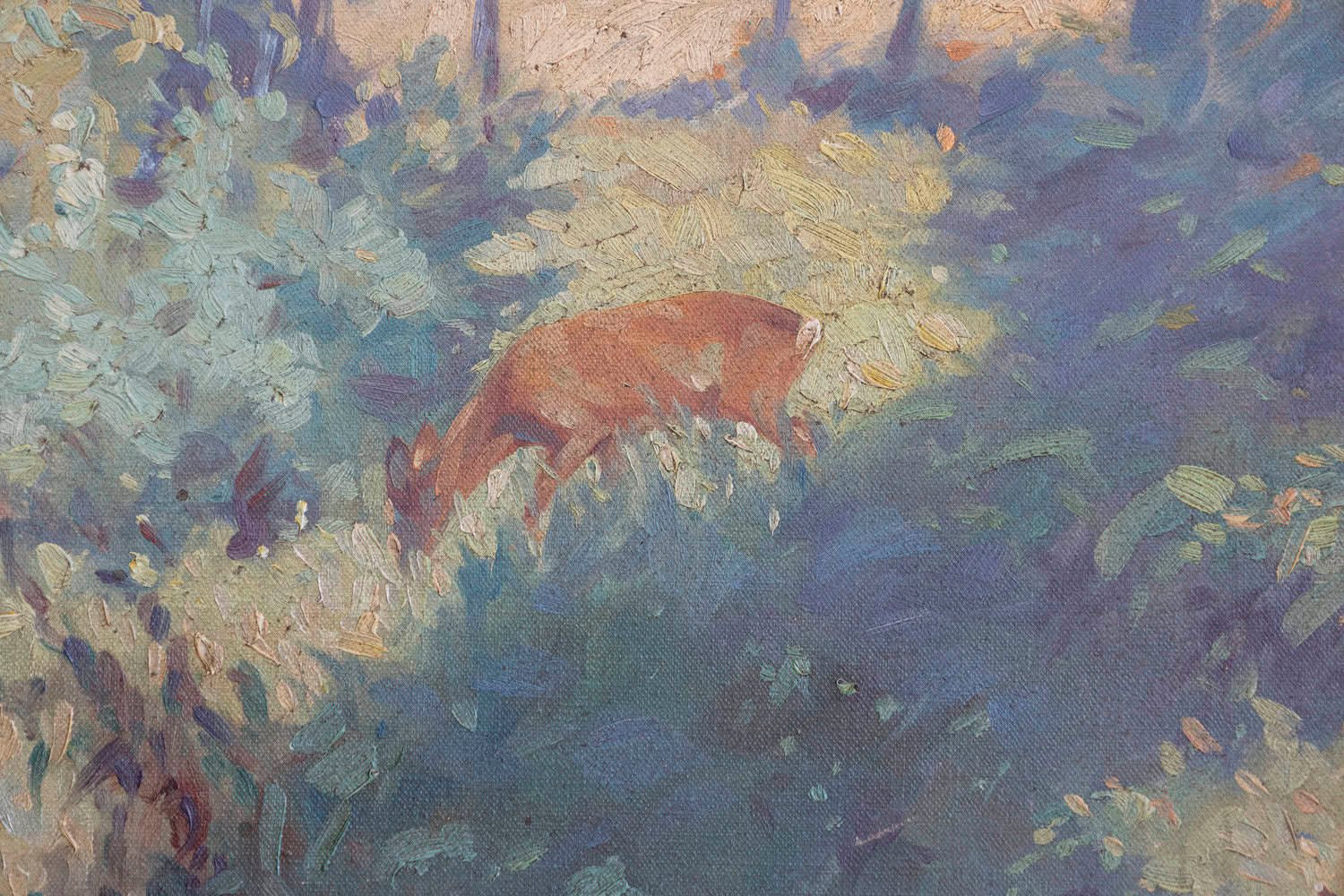 Deer in the Woods, Bert Fricke Wolfenbuttel Oil on Panel Painting circa 1920 - JAA