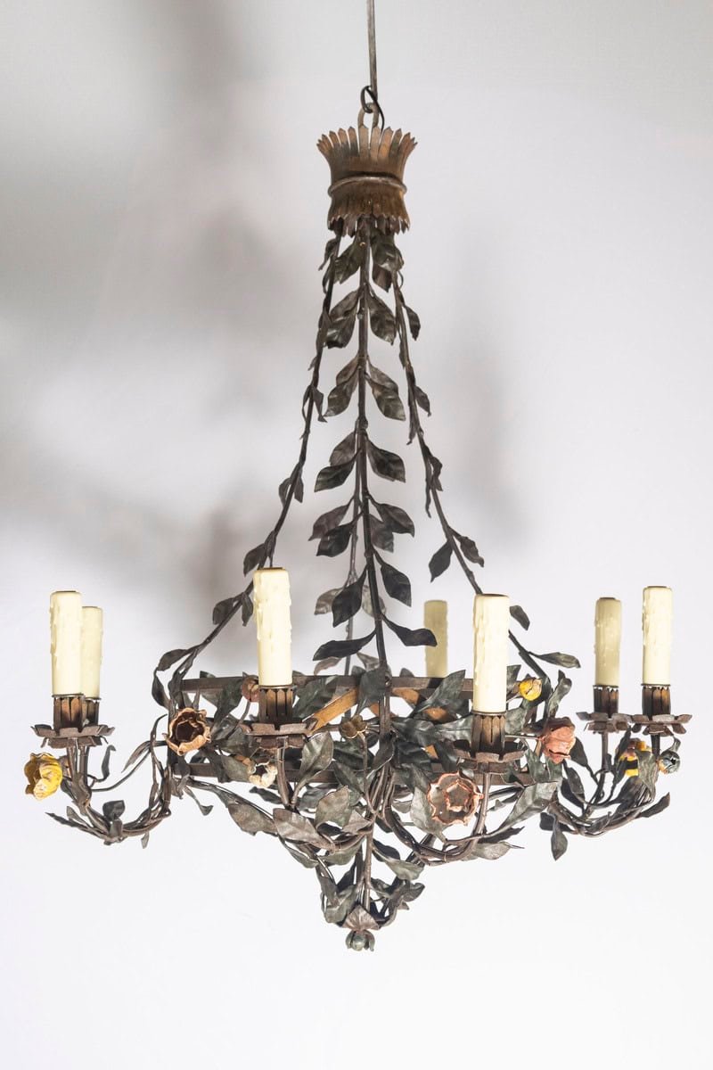 20th Century Italian Tole Floral Chandelier with Painted Leaves and Gilt Accents - JAA