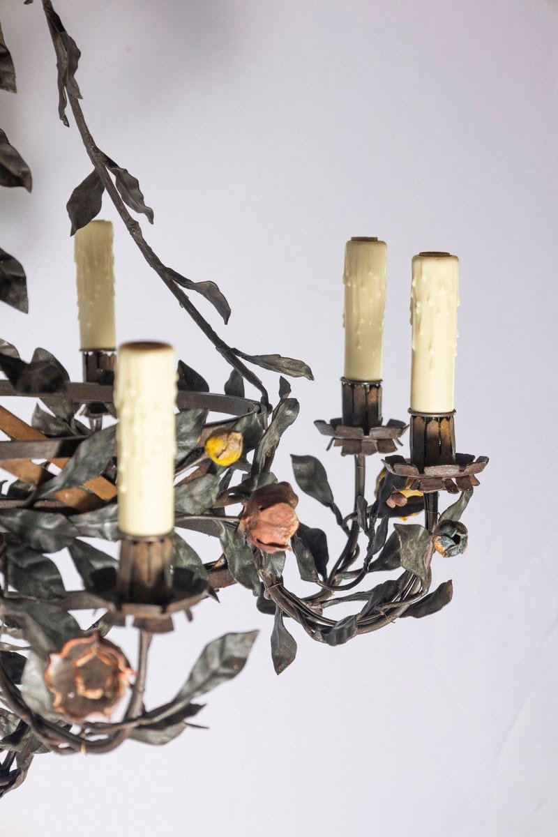 20th Century Italian Tole Floral Chandelier with Painted Leaves and Gilt Accents - JAA
