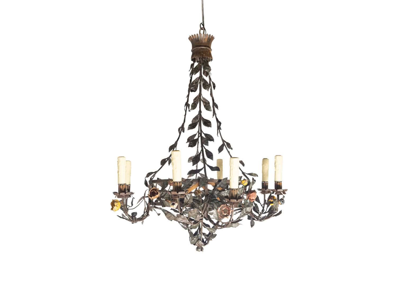 20th Century Italian Tole Floral Chandelier with Painted Leaves and Gilt Accents