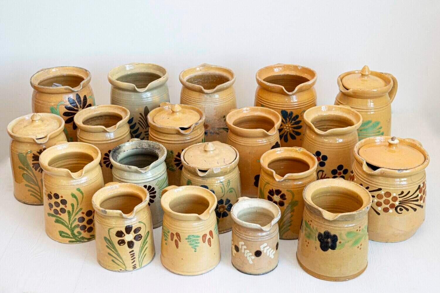 French 19th Century Terracotta Pottery Pitchers with Floral Décor - JAA