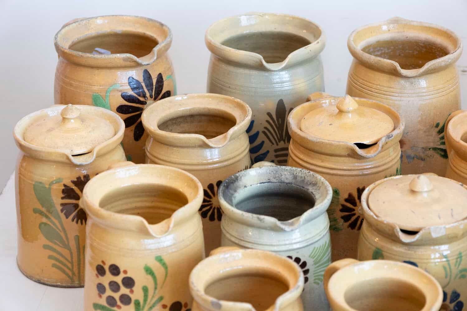 French 19th Century Terracotta Pottery Pitchers with Floral Décor - JAA