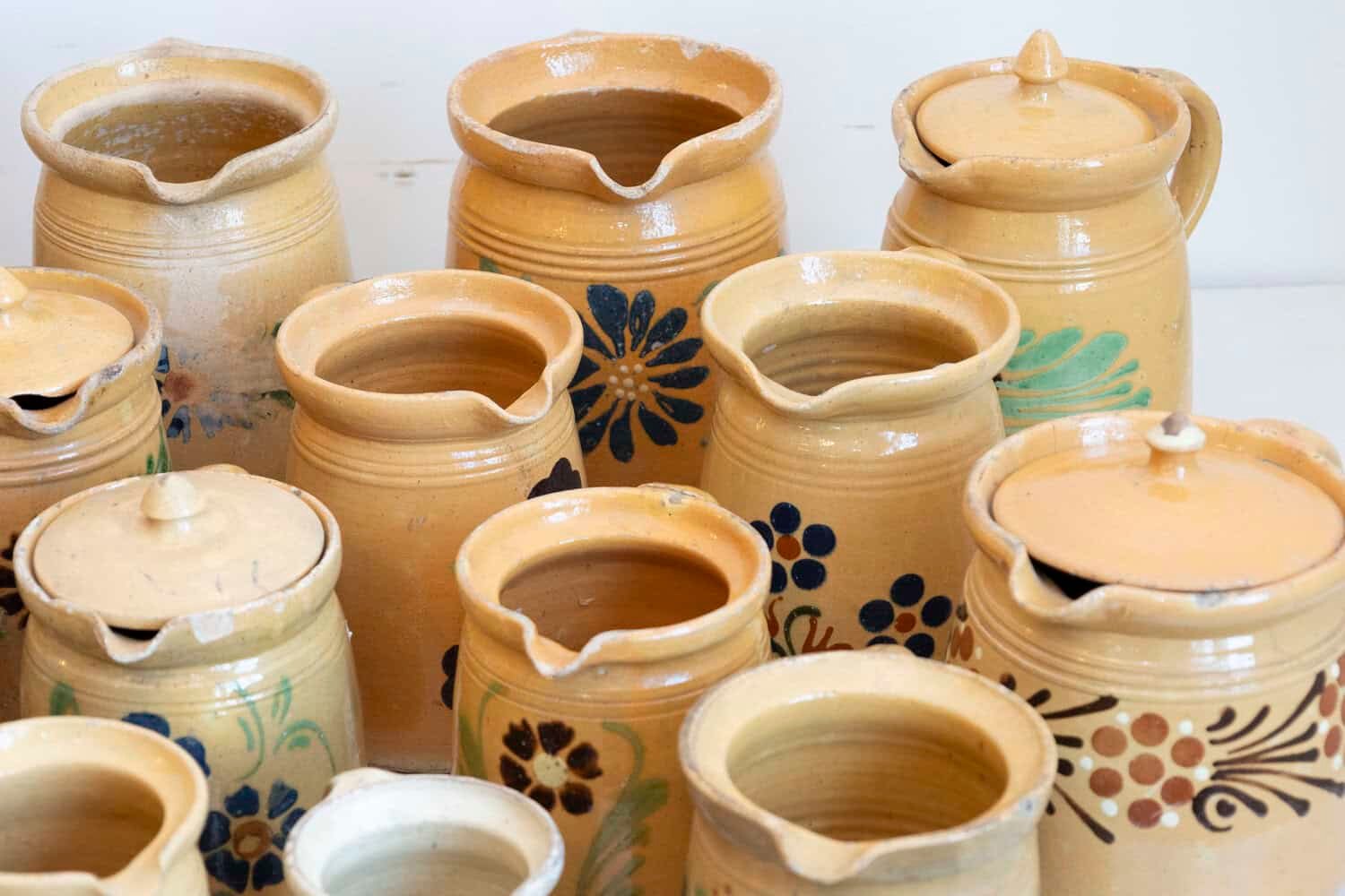 French 19th Century Terracotta Pottery Pitchers with Floral Décor - JAA