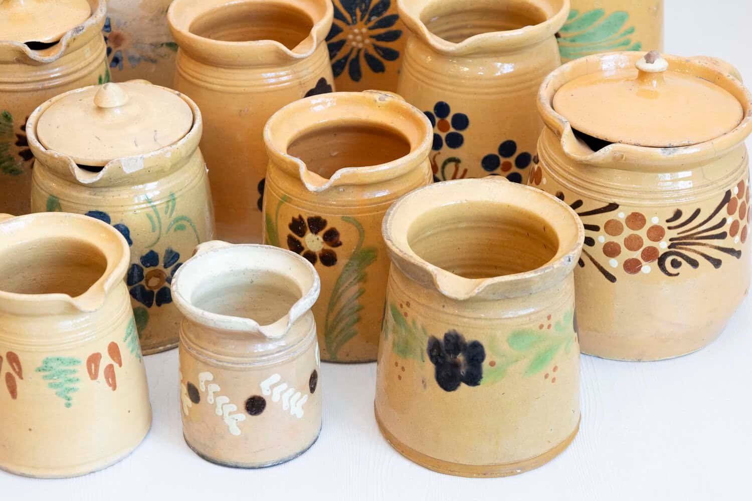 French 19th Century Terracotta Pottery Pitchers with Floral Décor - JAA
