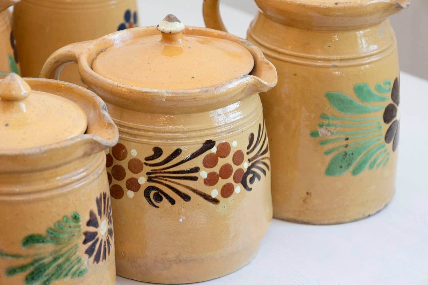 French 19th Century Terracotta Pottery Pitchers with Floral Décor - JAA