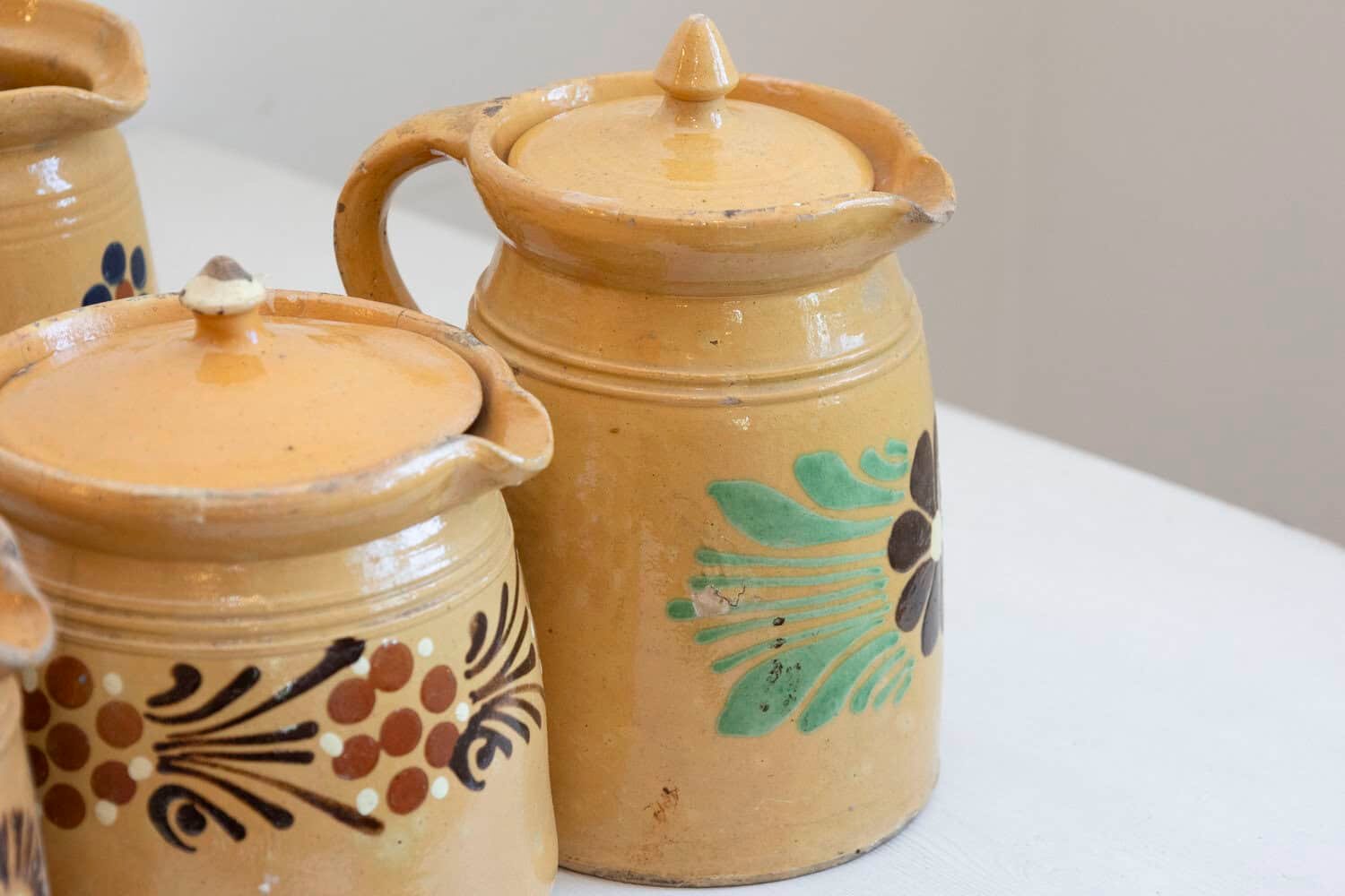 French 19th Century Terracotta Pottery Pitchers with Floral Décor - JAA