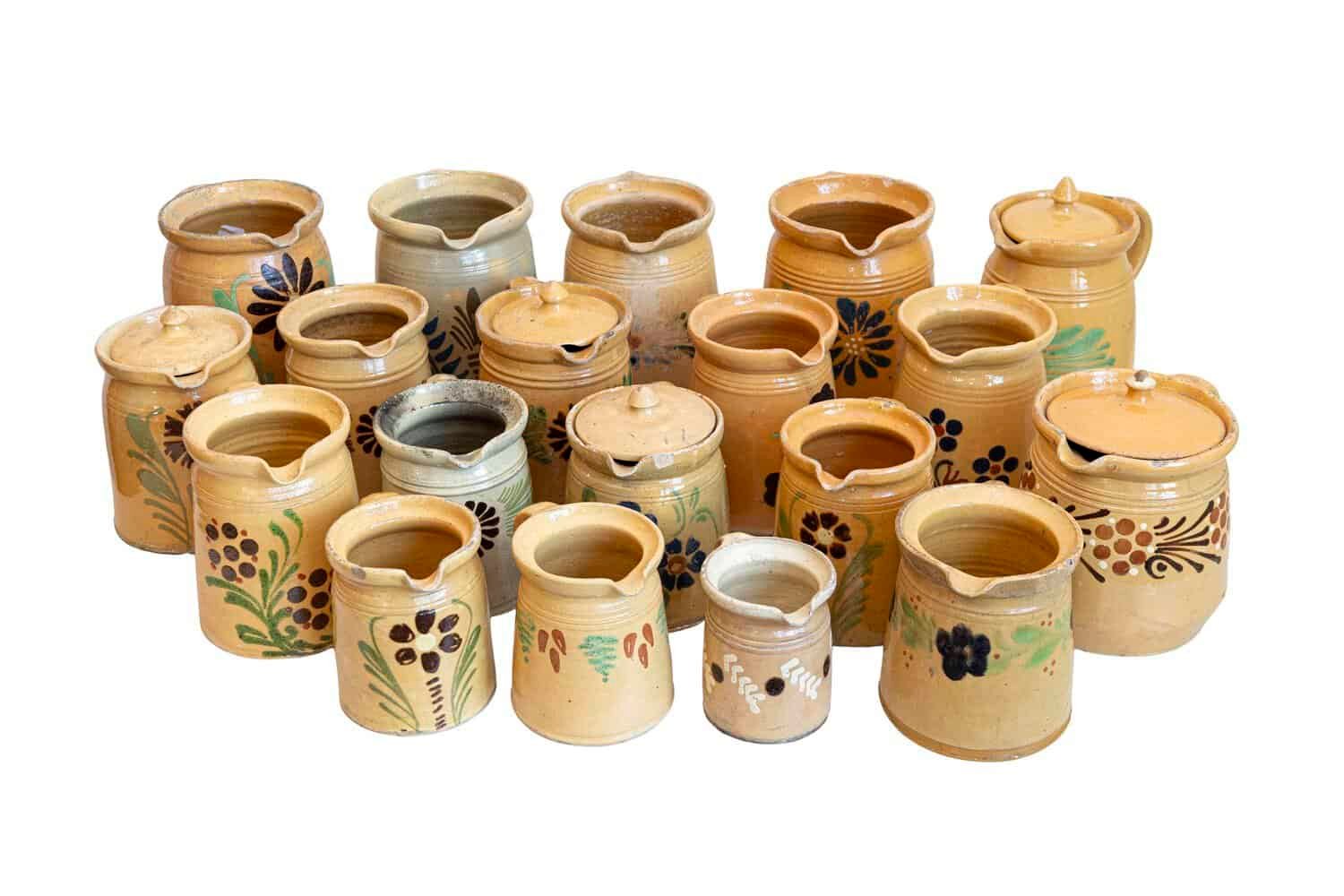 French 19th Century Terracotta Pottery Pitchers with Floral Décor