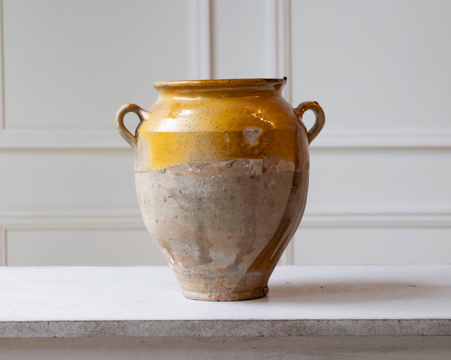 French 19th Century Glazed Terracotta Jug with Ochre Yellow Glaze - JAA