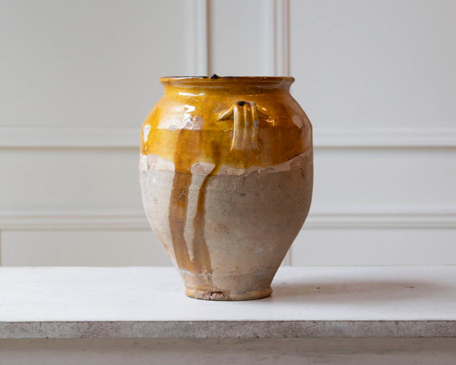 French 19th Century Glazed Terracotta Jug with Ochre Yellow Glaze - JAA